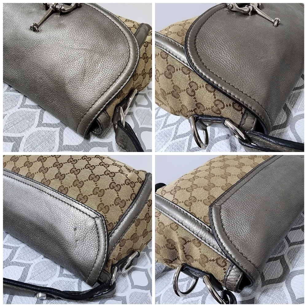 Gucci Medium GG Canvas Techno Horsebit Flap Hobo Bag Grey/Beige